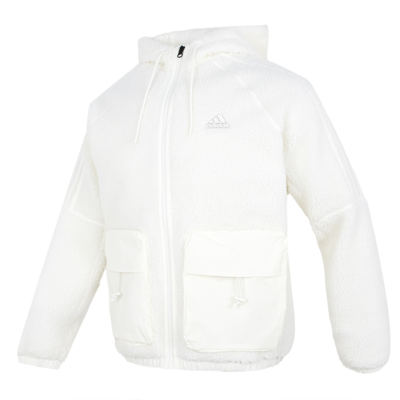 Adidas阿迪达斯夹克男白色仿羊羔绒运动服保暖外套HR4442