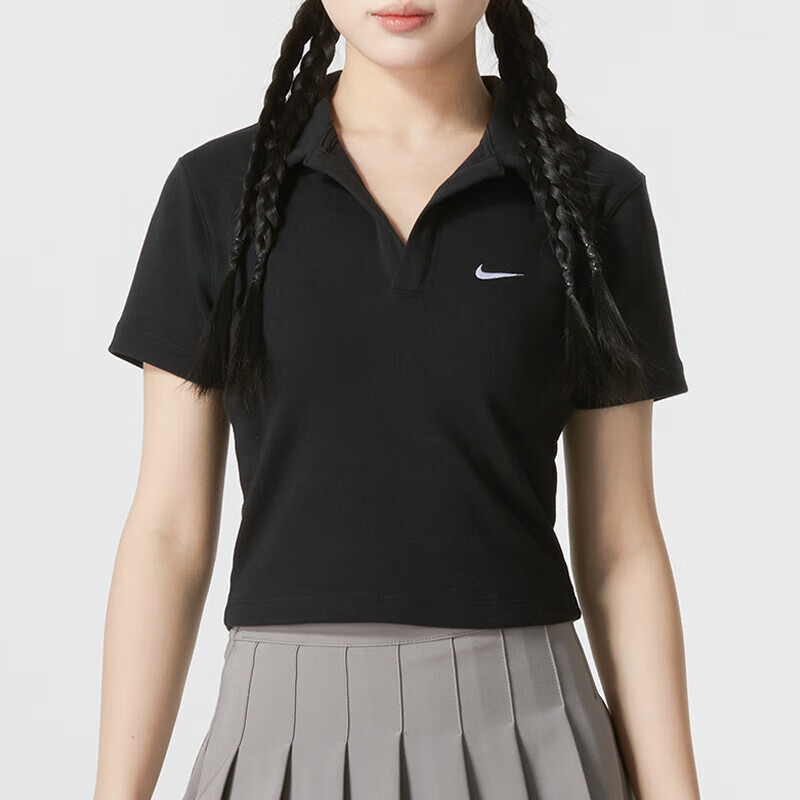 NIKE耐克女子POLO衫款刺绣小勾短款翻领T恤DV7885-010